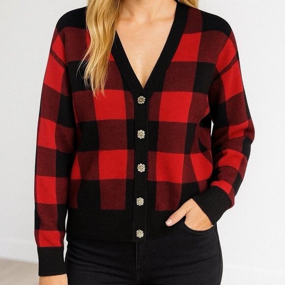 Tommy Bahama Sweaters - Tommy Bahama Red and Black Checkered Cardigan with Crystal Buttons EUC-XS
